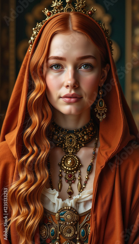 Regal Red-Haired Woman in Ornate Medieval Attire with Golden Crown