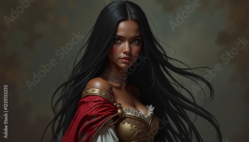 Fierce Warrior Princess with Flowing Black Hair in Ornate Armor