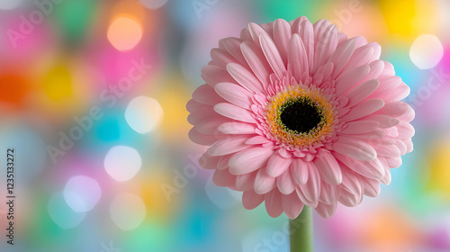 Pink gerbera daisy flower in close-up against a vibrant colorful bokeh background.