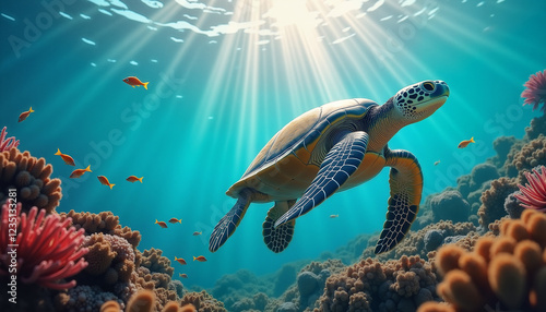 Sea Turtle Swimming Through a Vibrant Coral Reef Under Sunlit Waters