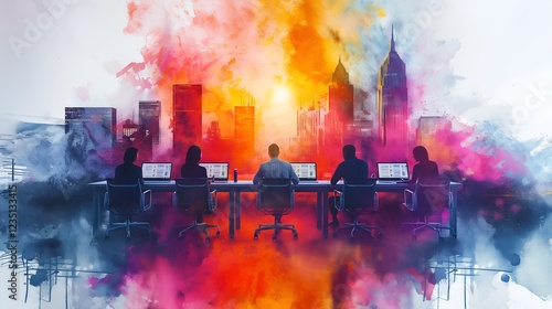 A Vibrant Watercolor Illustration of a Virtual Meeting, Perfect for Presentations on Modern Communication, Online Collaboration, and Remote Work.