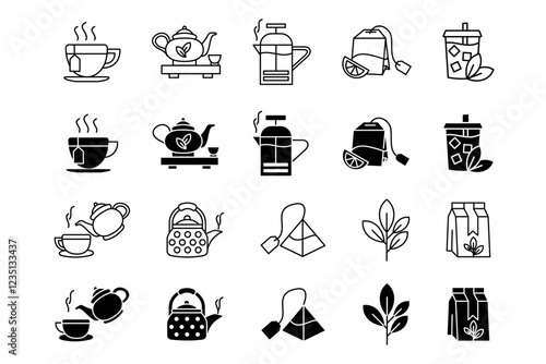 Tea brewing icon set. Tea ceremony illustration. Cup, teapot and kettle sign. Bags and package with leaves symbol.