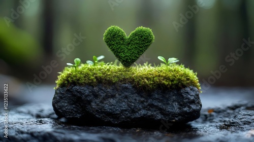 A heart made of plants is growing on a rock photo