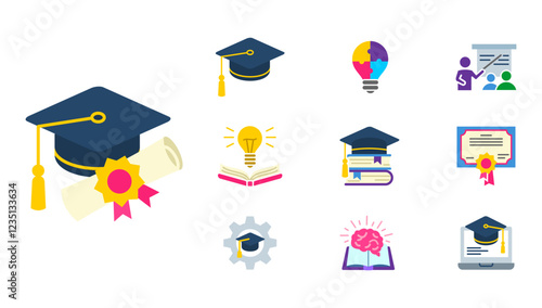 University education color icon set. Student cap with degree certificate sign. Books with light bulb and brain symbol. Teacher pictogram. Graduation hat illustration.