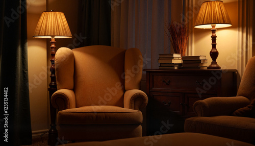 Cozy armchair by warm lamp in nighttime corner, inviting comfort