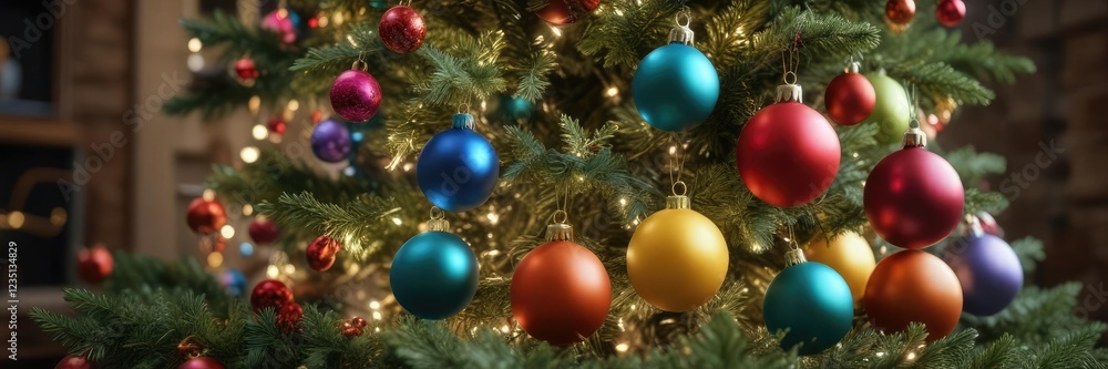 Naklejka premium Colorful Balls Stacked Around the Christmas Tree, stack, snowy, festive