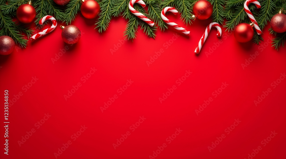 Red Christmas Background with Candy Canes Ornaments and Pine Branches Festive Holiday Border Design Red Christmas Background with Candy Canes Ornaments and Pine Branches Festive Holiday Border Design