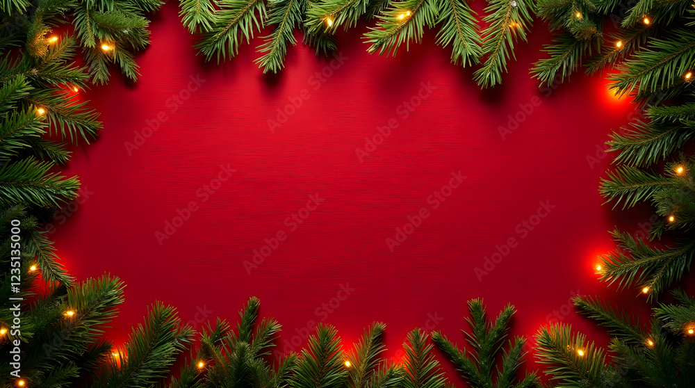Red Christmas Background with Festive Fir Branches and Warm Lights Frame Perfect for Holiday Cards and Invitations Red Christmas Background with Festive Fir Branches and Warm Lights Frame Perfect for Holiday Cards and Invitations