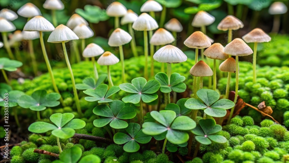 Shamrocks Surrounded by Tiny Mushrooms and Flowers in Nature. Generative AI Shamrocks Surrounded by Tiny Mushrooms and Flowers in Nature. Generative AI
