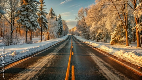 Straight road covered with snow and ice at winter 