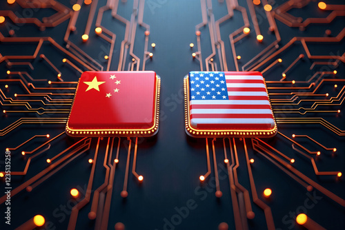 Competition in technology development. Microchips depicting the Chinese and U.S. flag.  AI generative.