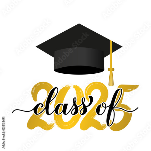 Class of 2025 lettering with graduation hat. Congratulations to graduates typography poster. Vector template for greeting card, banner, label, shirt, etc.