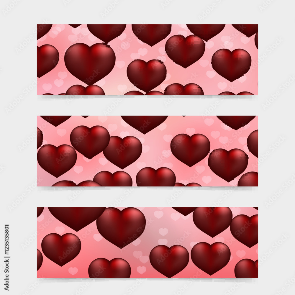 Set of 3 horizontal banners for Valentines Day. Red hearts on soft pink background. Vector template for website, social media, etc.