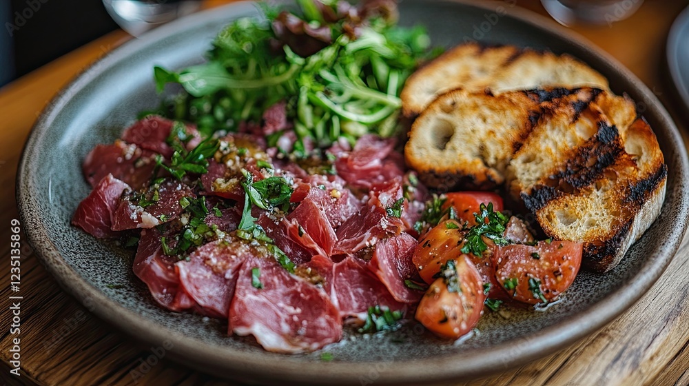 A plate of cold meats with bread on a wooden surface. A plate of cold meats with bread on a wooden surface.