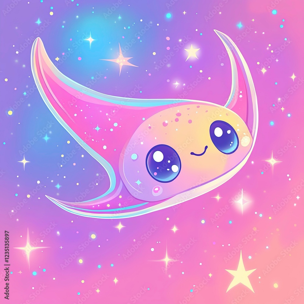 Fototapeta premium Cute smiling creature gliding through a pastel galaxy filled with stars and sparkles