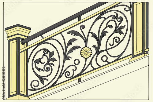 Ornate baroque architectural detail, gold and black metal scrollwork, symmetrical floral motif, intricate acanthus leaves, rococo design element, gilded decorative molding, elegant wall embellishment,