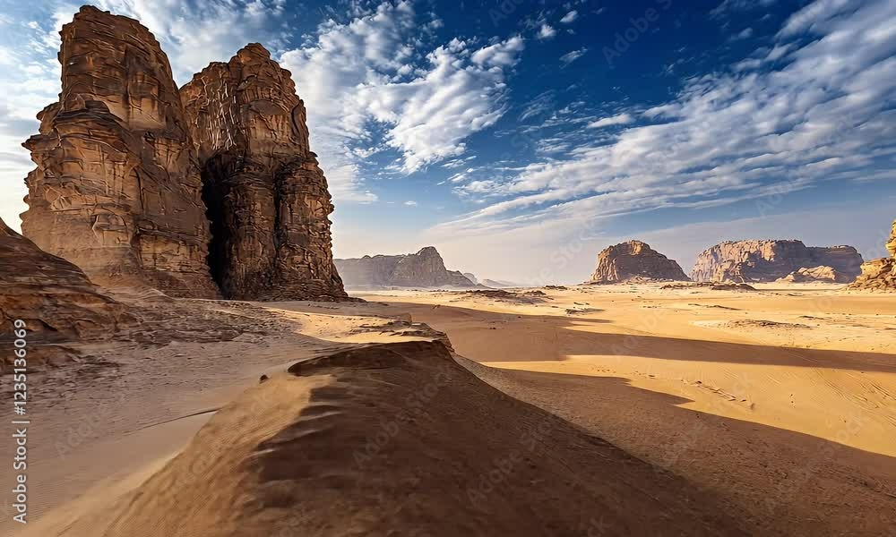 A stunning desert landscape featuring towering rock formations and a vast sandy expanse.