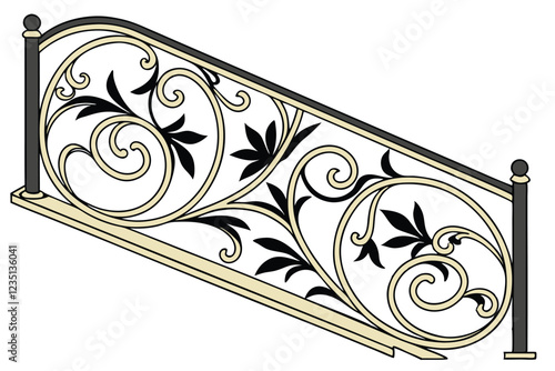 Ornate baroque architectural detail, gold and black metal scrollwork, symmetrical floral motif, intricate acanthus leaves, rococo design element, gilded decorative molding, elegant wall embellishment,