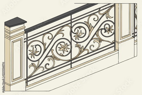 Ornate baroque architectural detail, gold and black metal scrollwork, symmetrical floral motif, intricate acanthus leaves, rococo design element, gilded decorative molding, elegant wall embellishment,