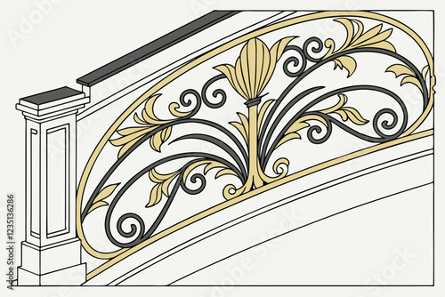 Ornate baroque architectural detail, gold and black metal scrollwork, symmetrical floral motif, intricate acanthus leaves, rococo design element, gilded decorative molding, elegant wall embellishment,