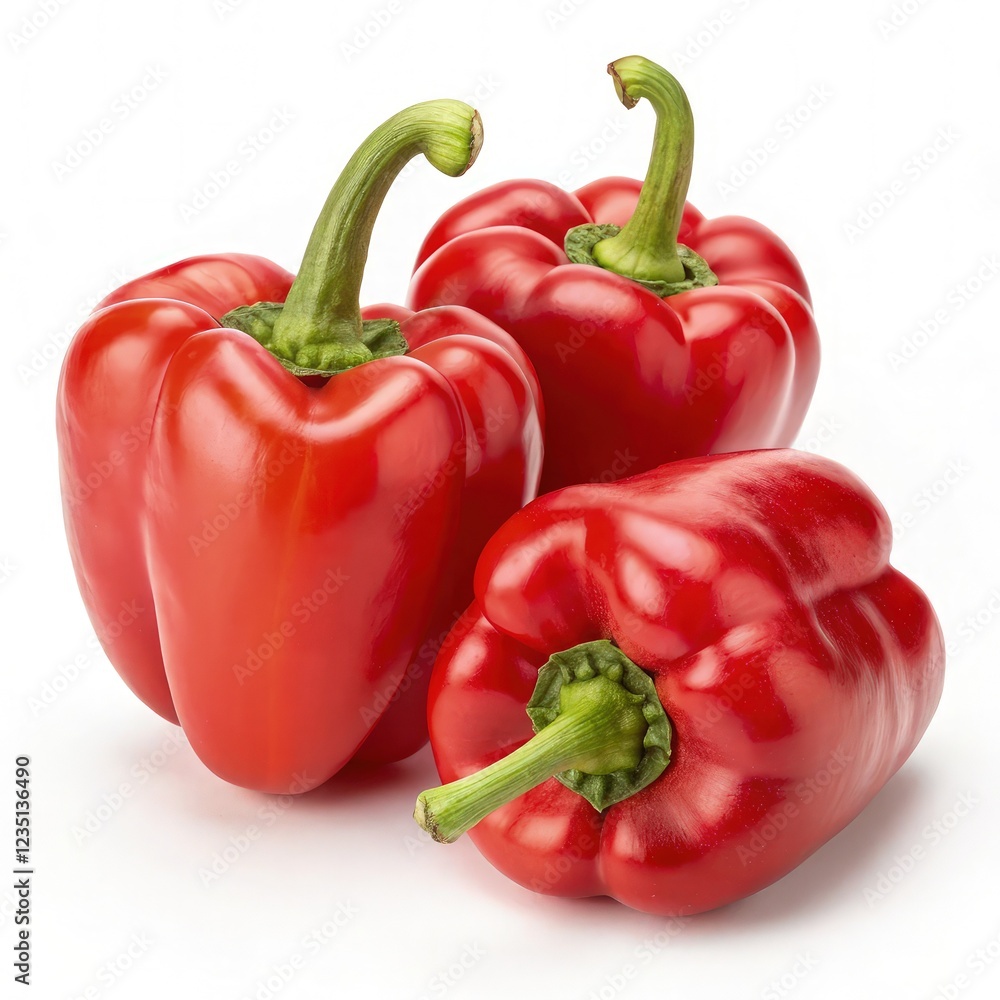 Three Red Capsicums Arranged on a Neutral Background. Generative AI Three Red Capsicums Arranged on a Neutral Background. Generative AI