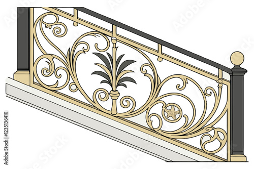 Ornate baroque architectural detail, gold and black metal scrollwork, symmetrical floral motif, intricate acanthus leaves, rococo design element, gilded decorative molding, elegant wall embellishment,