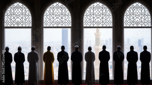 Silhouetted Figures Performing Taraweeh Prayer in a Grand Mosque photo