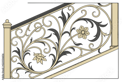 Ornate baroque architectural detail, gold and black metal scrollwork, symmetrical floral motif, intricate acanthus leaves, rococo design element, gilded decorative molding, elegant wall embellishment,