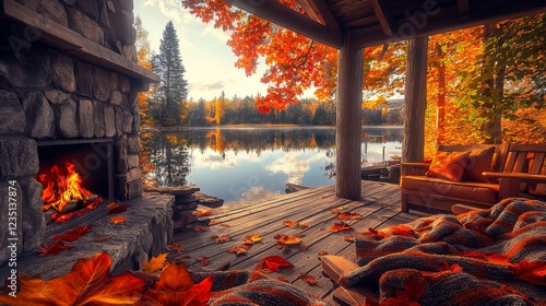 A tranquil lakeside porch surrounded by brilliant autumn foliage, creating an inviting sanctuary for relaxation and enjoying the splendor of nature's seasonal changes.