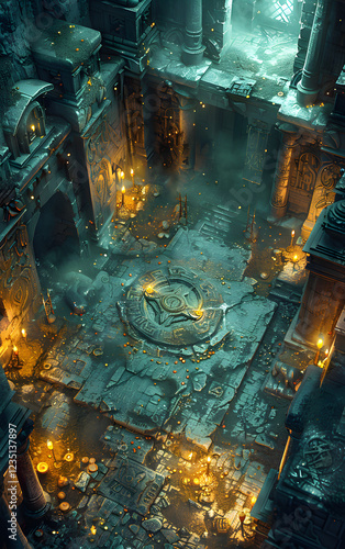Isometric Fantasy Dungeon with Treasure Chests and Gold Coins for Game Development