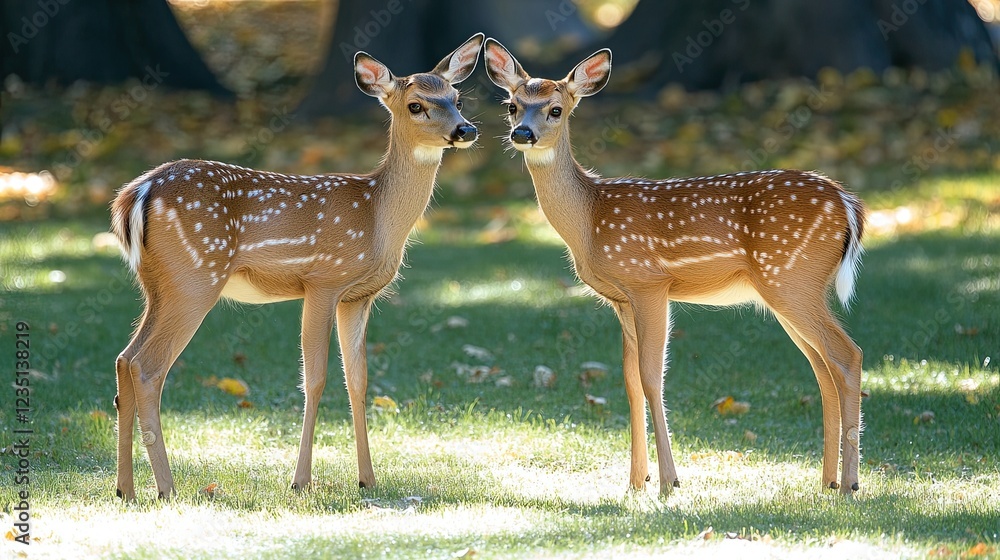 A roe deer (Capreolus capreolus) couple standing close together on a sunny green field. A roe deer (Capreolus capreolus) couple standing close together on a sunny green field.