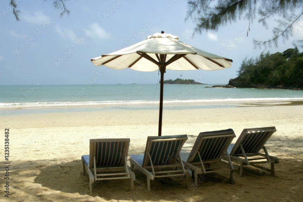 Relaxing Beach Chairs and Umbrella by the Tranquil Sea. Generative AI Relaxing Beach Chairs and Umbrella by the Tranquil Sea. Generative AI