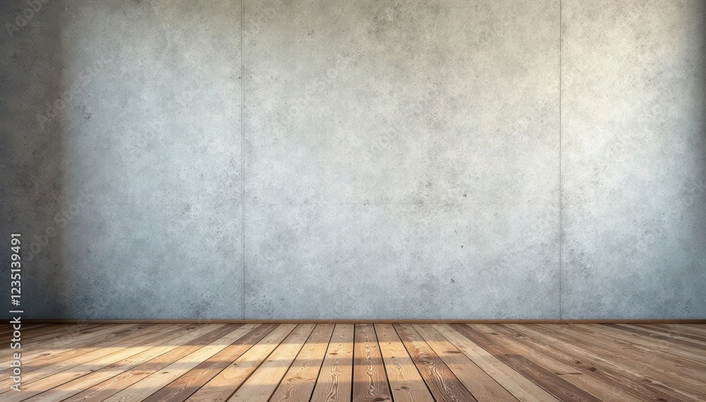 Blank concrete wall backdrop, warm wood flooring, display, concrete Blank concrete wall backdrop, warm wood flooring, display, concrete