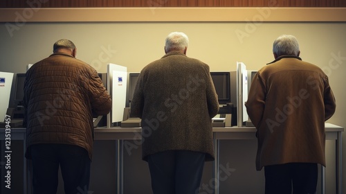 Three elderly men engage with voting booths inside a polling station, embodying active citizenship and democratic rights, emphasizing societal involvement.