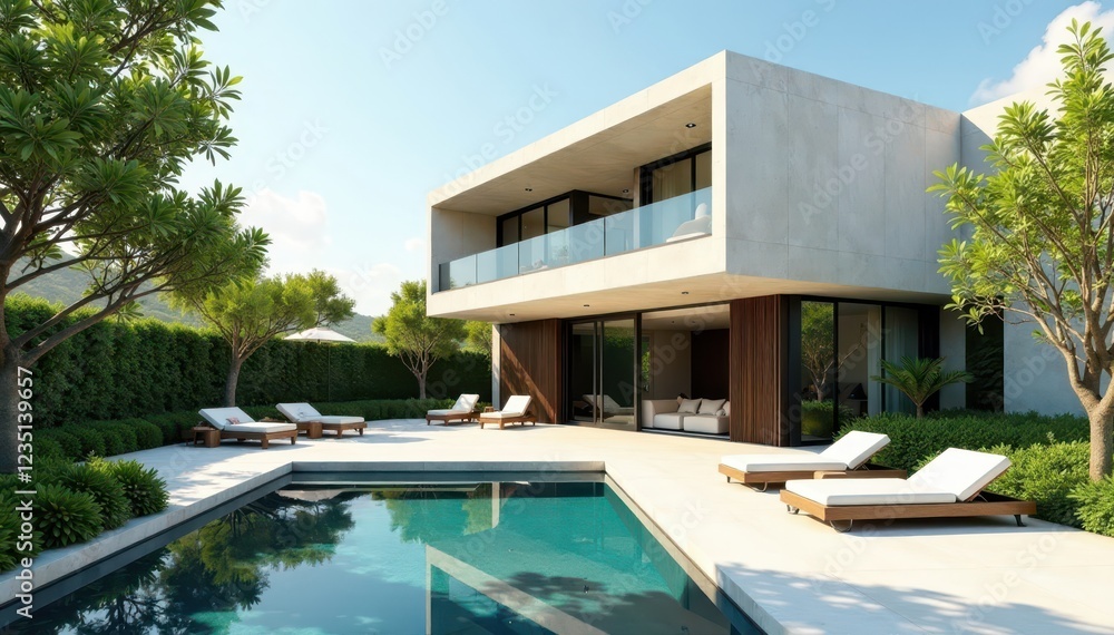 Fototapeta premium Modern villa, high cement walls, sunlit patio, cement, luxury