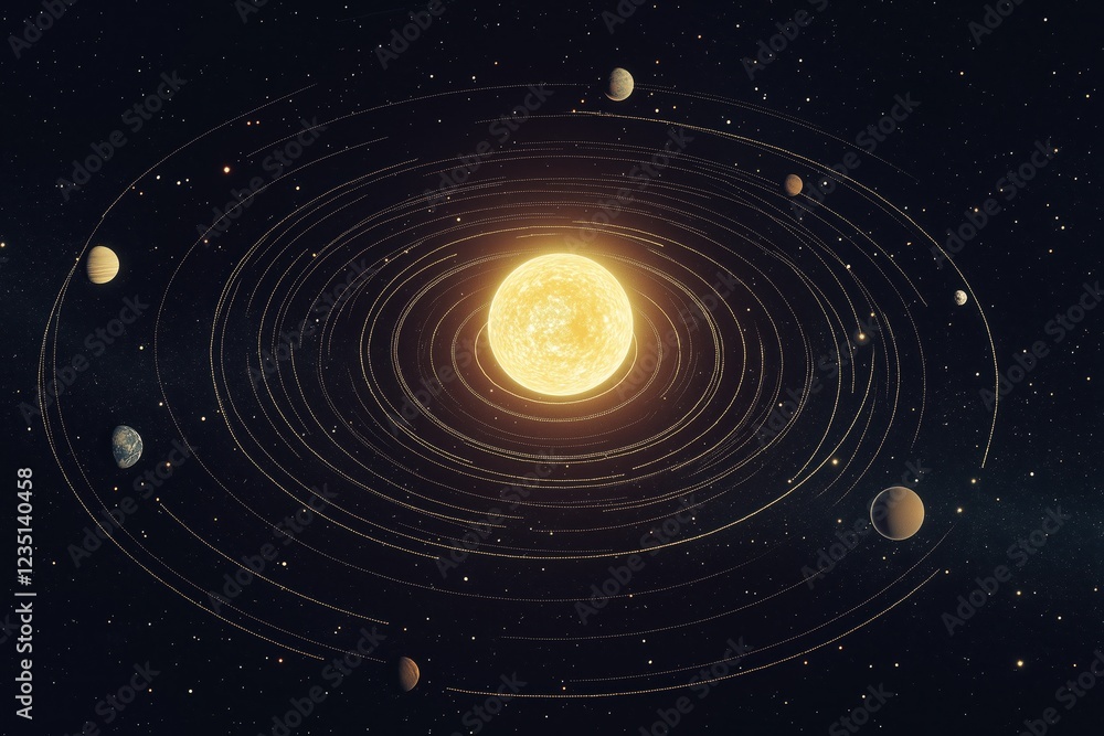 Fototapeta premium Star and Planets in Orbit: Celestial Mechanics, Solar System, Astronomy