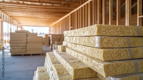 High-resolution stock photo of inflower gold rock wool fire-brick style material, neatly stacked on top of each other at the construction site, wooden frame walls visible behind it. 