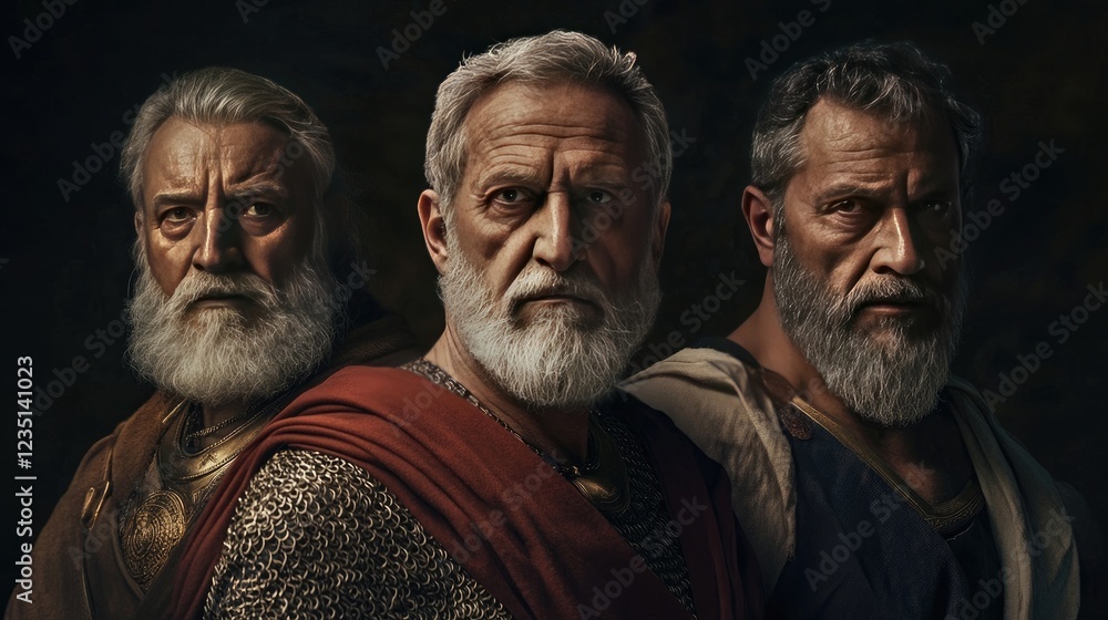 A powerful portrait of three historical figures, symbolizing strength, leadership, and unity A powerful portrait of three historical figures, symbolizing strength, leadership, and unity