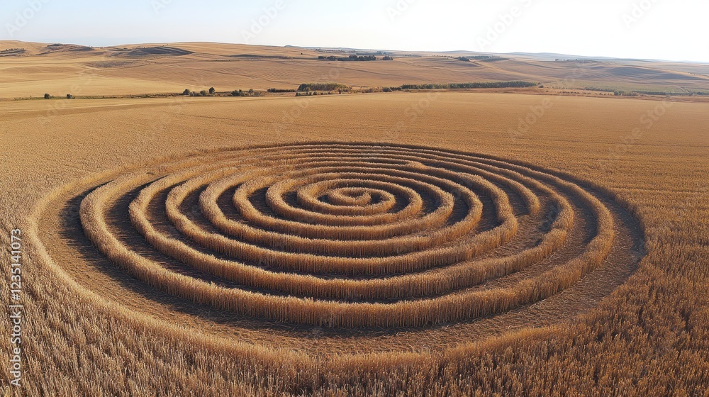 Aerial view of spiral crop circle in field Aerial view of spiral crop circle in field
