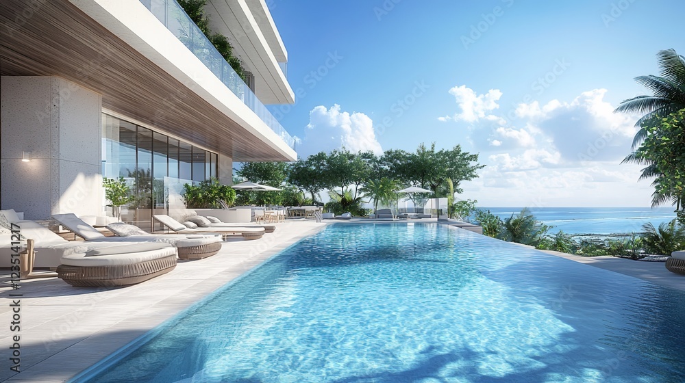 Obraz premium A modern, minimalist swimming pool with white walls and floor, overlooking the sea and the beach, with a blue sky and light tones.