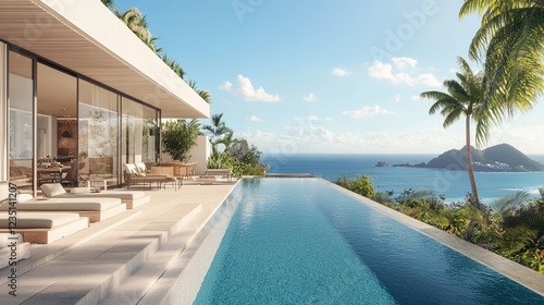 A modern  minimalist swimming pool with white walls and floor  overlooking the sea and the beach  with a blue sky and light tones.