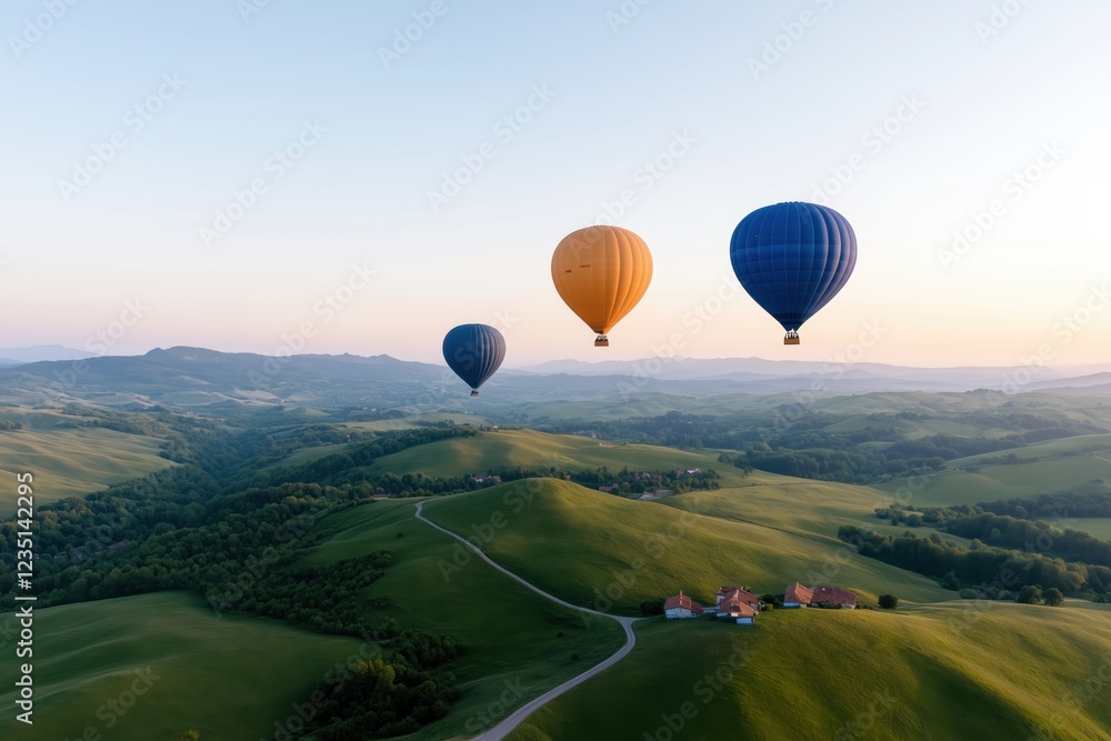 Obraz premium Heißluftballonfahrt über eine malerische Landschaft