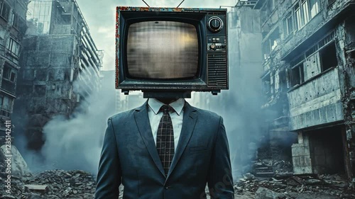 Post Apocalyptic Businessman TV Head Ruins Cityscape