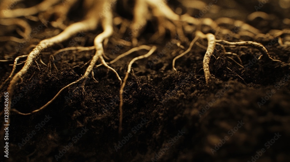 A macro shot of fibrous roots absorbing moisture from the soil A macro shot of fibrous roots absorbing moisture from the soil