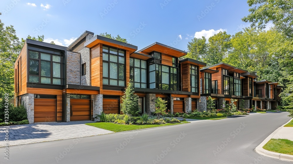 A row of modern townhouses with wooden cladding and stone accents, set against the backdrop of clear blue skies in Canada. A row of modern townhouses with wooden cladding and stone accents, set against the backdrop of clear blue skies in Canada.
