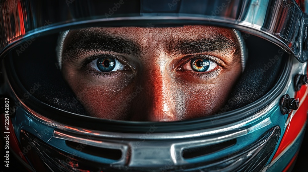 Close-up portrait of a race car driver wearing a helmet Close-up portrait of a race car driver wearing a helmet