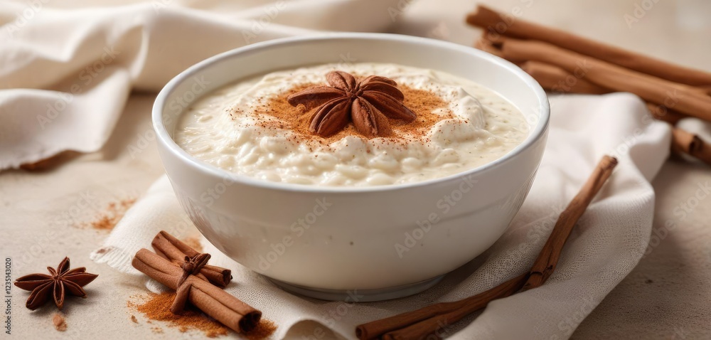 Creamy Arroz con leche in a shallow bowl with a sprinkle of cinnamon powder on top, sweet treat, rice pudding, white rice Creamy Arroz con leche in a shallow bowl with a sprinkle of cinnamon powder on top, sweet treat, rice pudding, white rice