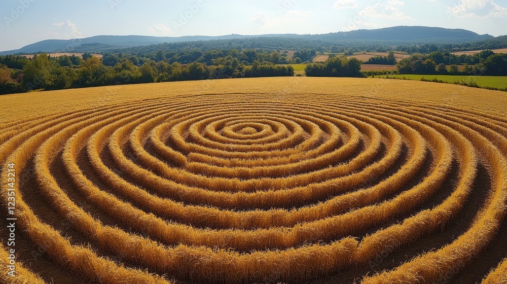 Aerial view of spiral crop circle in rural field Aerial view of spiral crop circle in rural field
