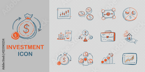 hand-drawn collection of investment icons, perfect for financial planning, growth strategies, and risk management. These visuals enhance your investment-related content