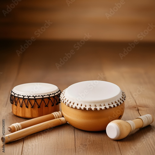 Brazilian instruments including a berimbau, pandeiro, and tamborim, on a rustic wooden table, copy space photo